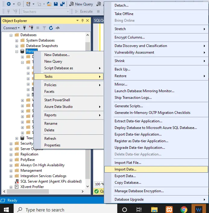 copy data from one database to another - select import data in mssql server