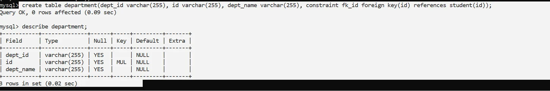 Create table department child with foreign key