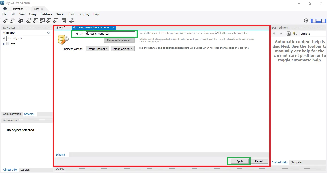 create new database in mysql workbench - create database using menu bar part b