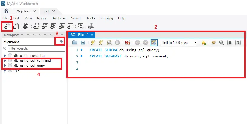 create new database in mysql workbench - create database using sql query