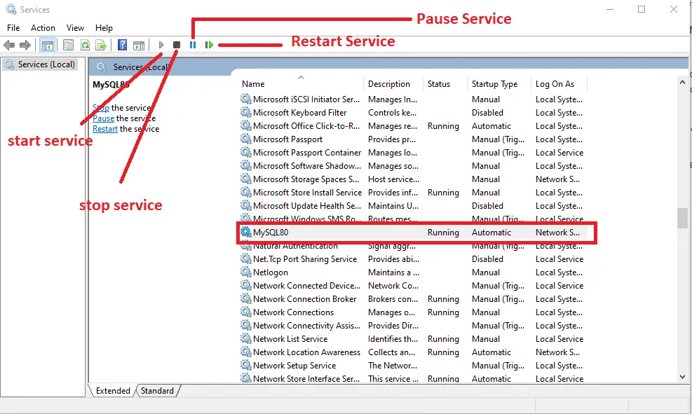 different ways to stop mysqld - visual options in services