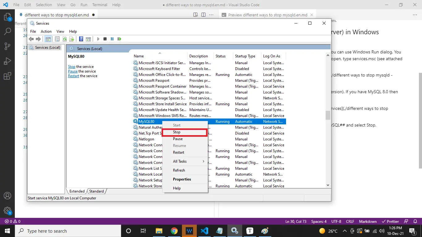 differnt ways to stop mysqld - stop mysql in services