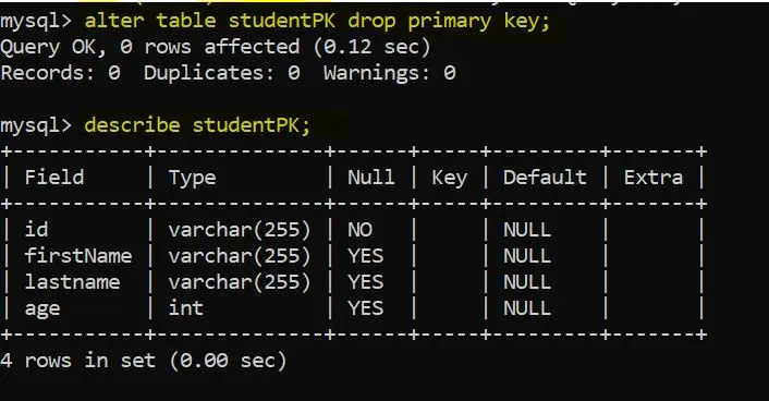 studentPk 테이블에서 기본 키 제약 조건 삭제