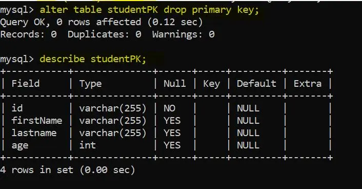 Löschen Sie die Primärschlüsseleinschränkung aus der Tabelle studentPk