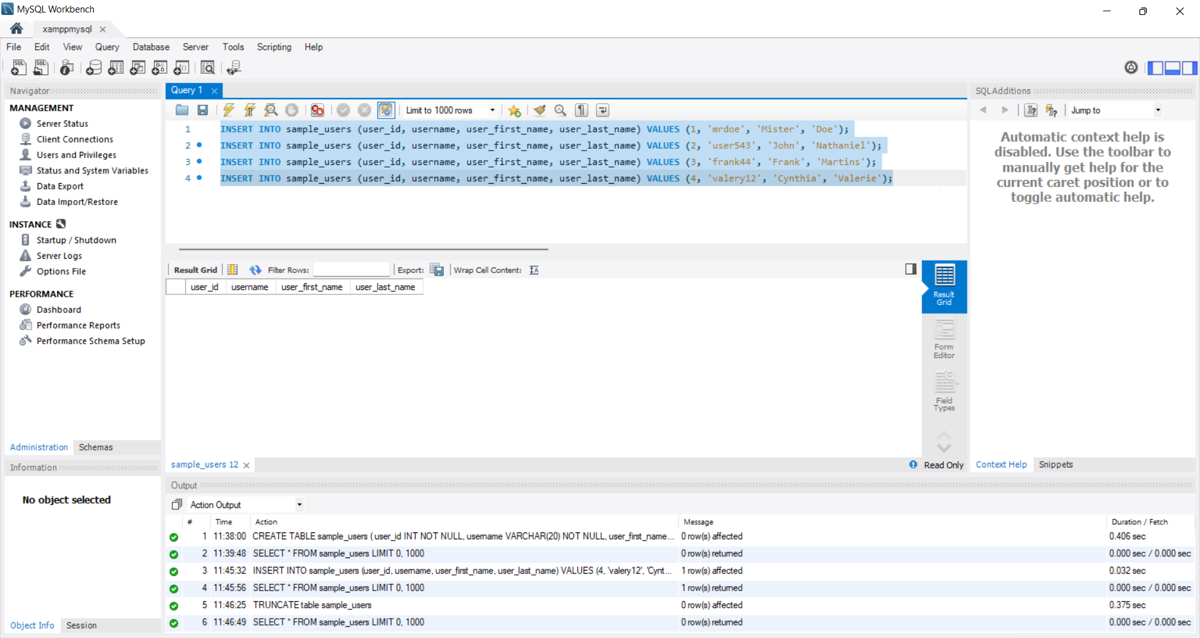 Insert records into sample_users table in MySQL Workbench 8.0 Community Edition
