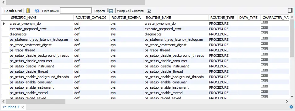enumera todos los procedimientos almacenados en mysql: enumera todos los procedimientos de todas las bases de datos usando la tabla de rutinas