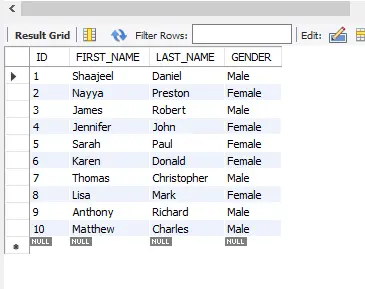 minus operation in mysql - student table data