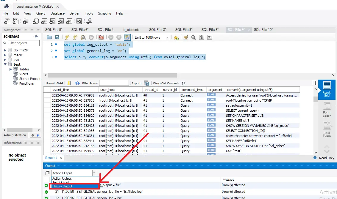 opción de historial de banco de trabajo de historial de comandos mysql