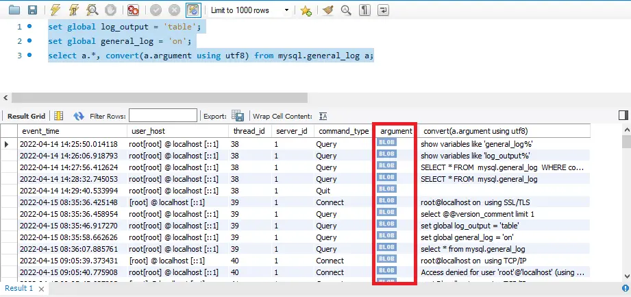 mysql command history workbench in tables