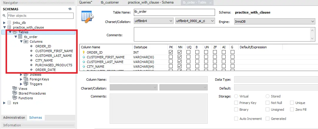 mysql with clause - create table