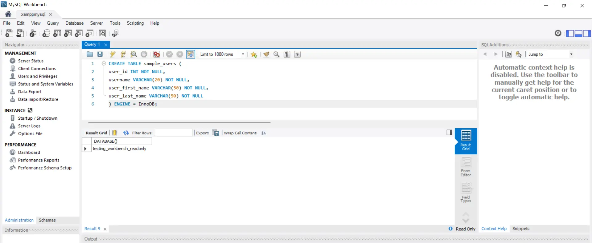 Crear tabla sample_users en MySQL Workbench 8.0 Community Edition