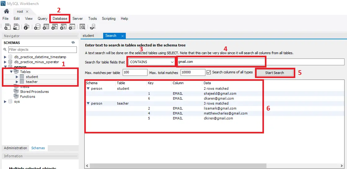 search occurrences of string in mysql database - mysql workbench search string and found