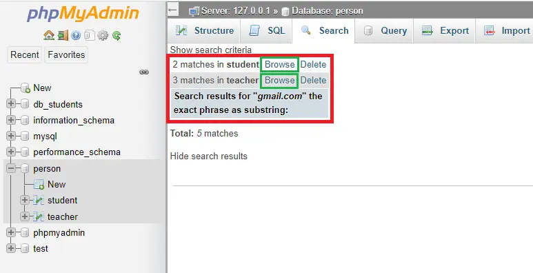 search occurrences of string in mysql database - phpmyadmin search string found