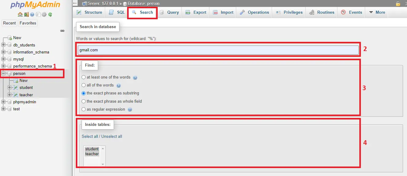 search occurrences of string in mysql database - phpmyadmin search string