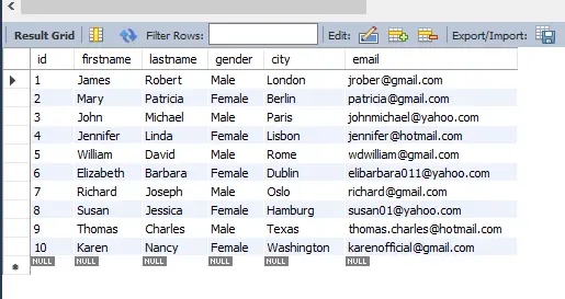 行を検索して mysql 内のサブストリングを検索します-employee table