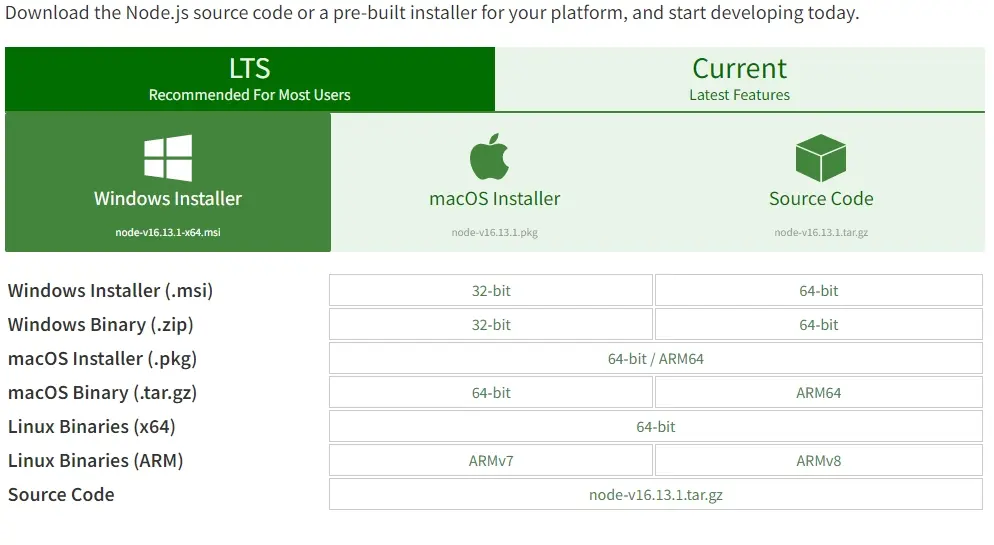 Node.js download page