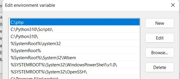 Ajouter C:\php à la variable d&rsquo;environnement