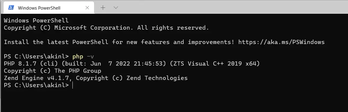 Checking the PHP version on the Windows PowerShell