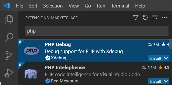 PHP-Debug- und Intelephense-Erweiterungen