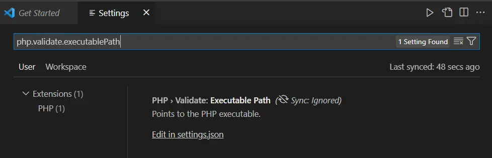 PHP executable path settings page in VS Code