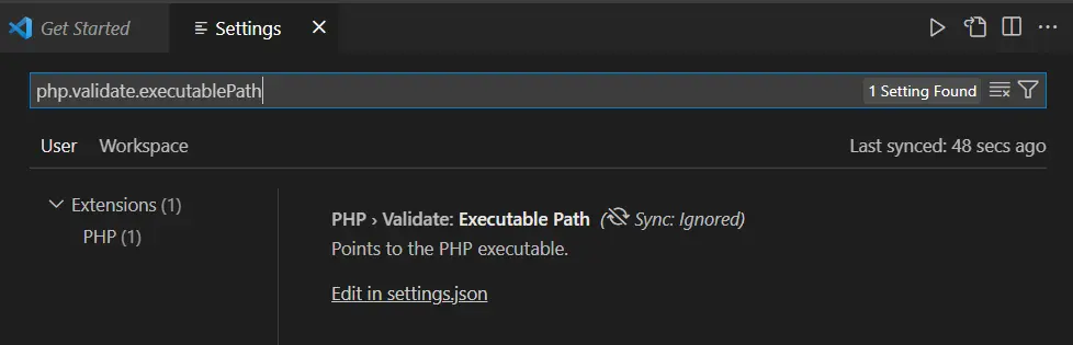 VS Code 中的 PHP 可執行路徑設定頁面