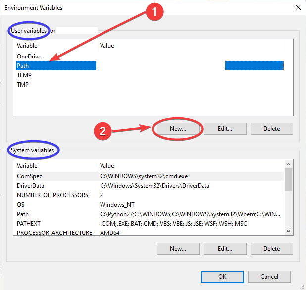 Environment Variables Dialog window in Windows 10