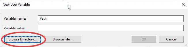New User Variable dialog window in Windows 10
