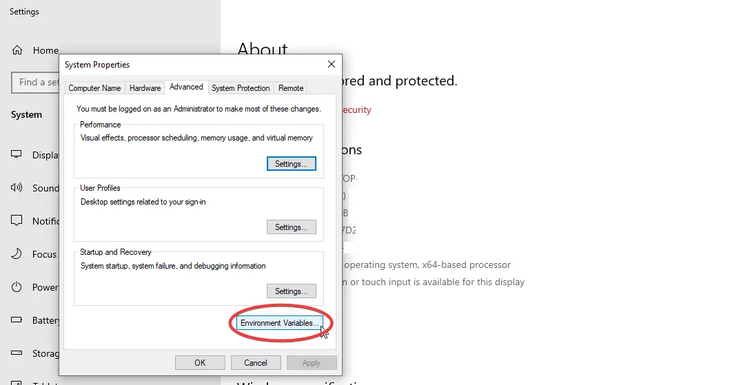 System Variables dialog box in Windows 10 