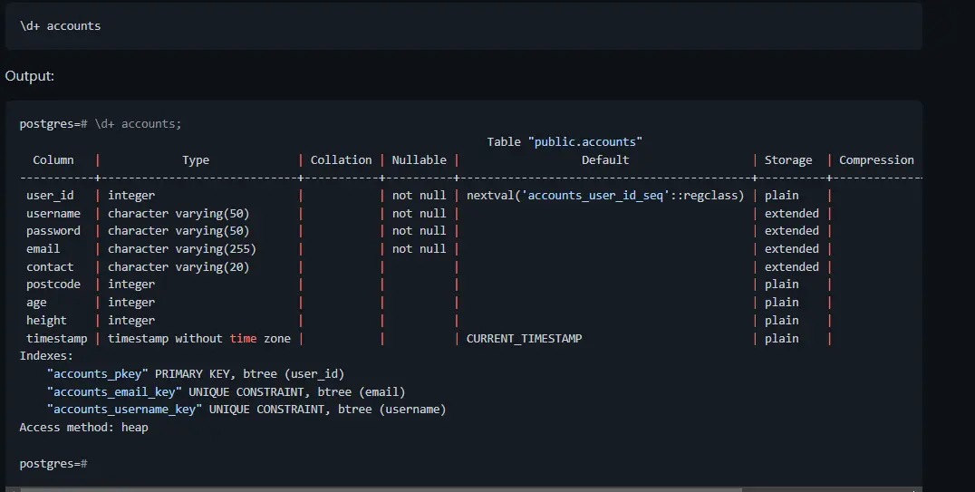 Obtenga el nombre de la columna con el comando d+ en PostgreSQL