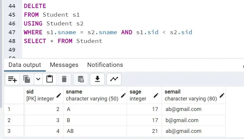 PostgreSQL löscht Duplikate