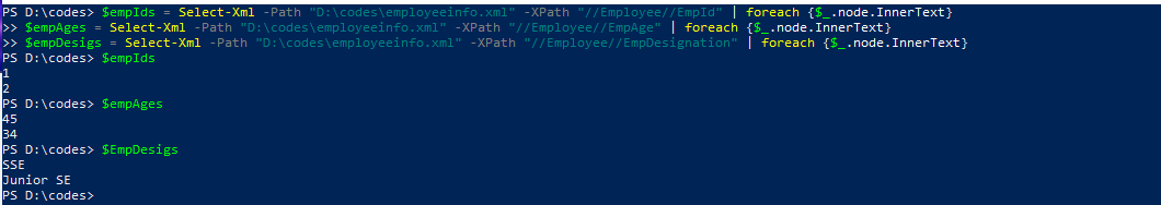 Write the arrays values for respective XML nodes in PowerShell Console Window