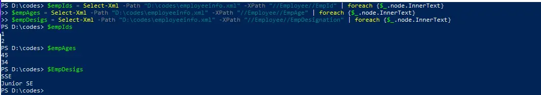 Escriba los valores de las matrices para los respectivos nodos XML en la ventana de la consola de PowerShell