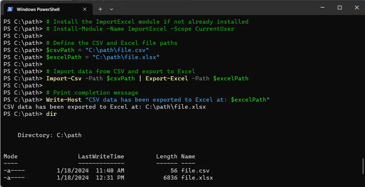 export a csv to excel using powershell - output 2