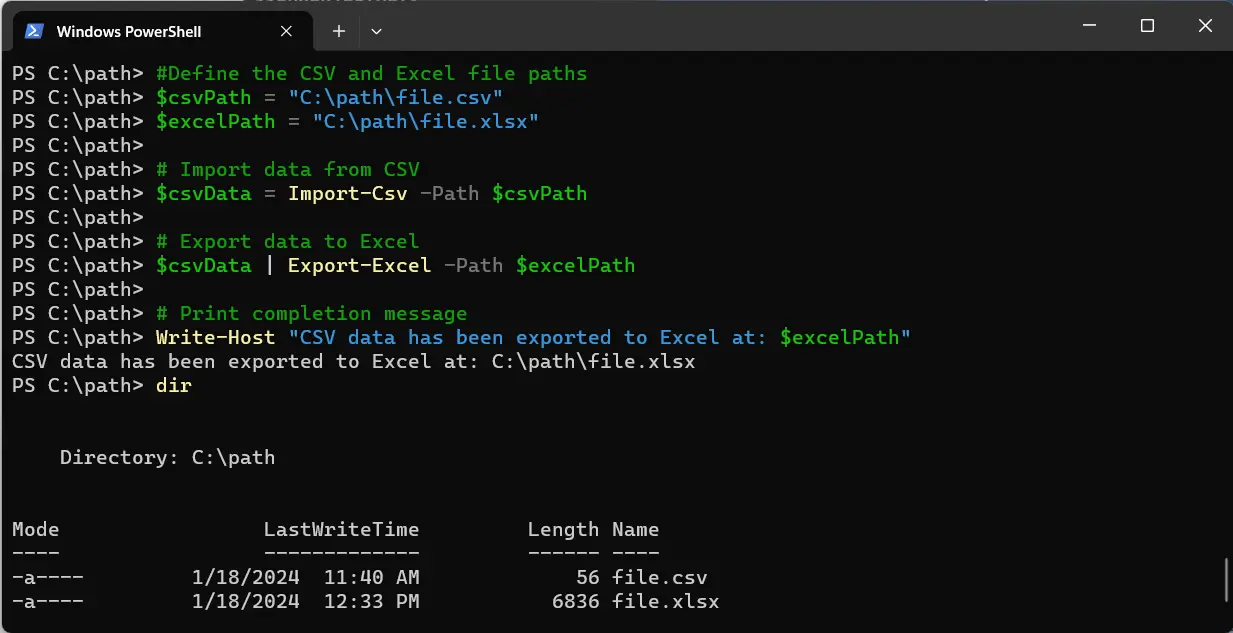 exportar um csv para excel usando powershell - saída 3