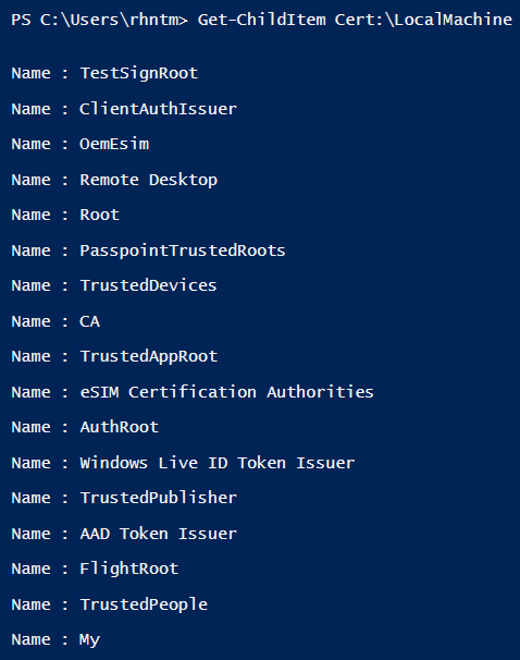 find the certificate stores using powershell
