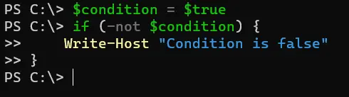 negate a condition in powershell - output 2