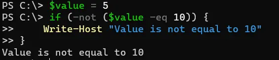 negate a condition in powershell - output 3