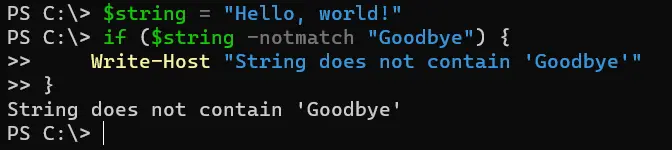 negate a condition in powershell - output 5