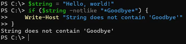 negate a condition in powershell - output 7