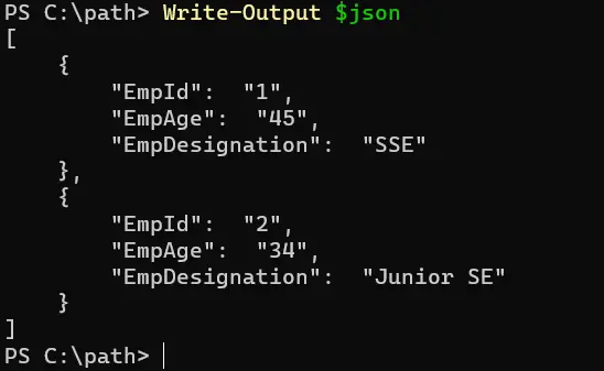 powershell convert xml to json - output