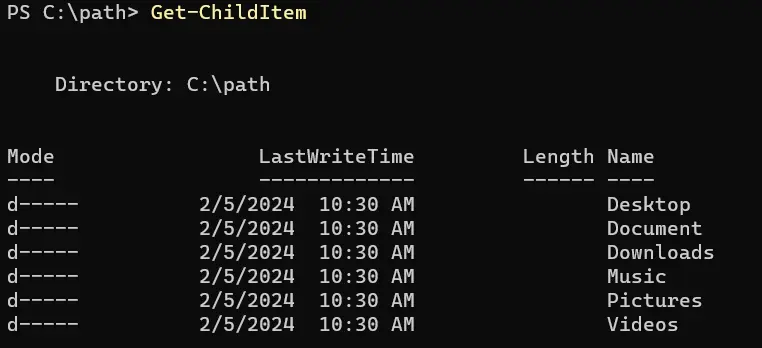 powershell equivalent to ls command - output 3