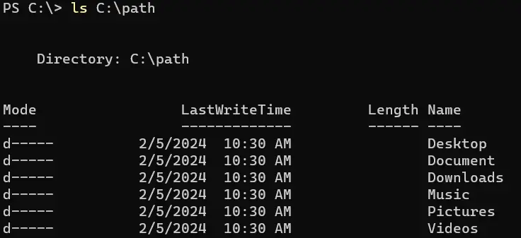 powershell equivalent to ls command - output 5