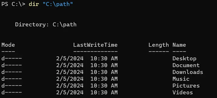 powershell 等效于 ls 命令 - 输出 7