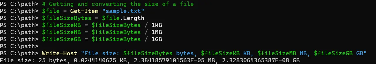 powershell ottieni dimensione file - output 2
