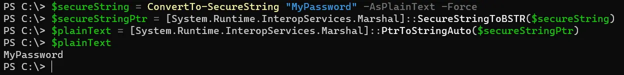 PowerShell 安全字符串到明文 - 输出 1
