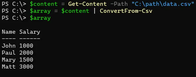 read csv files to array in powershell - output 5