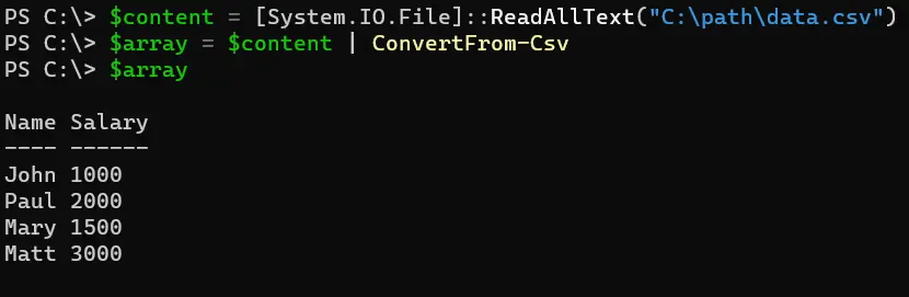 read csv files to array in powershell - output 6