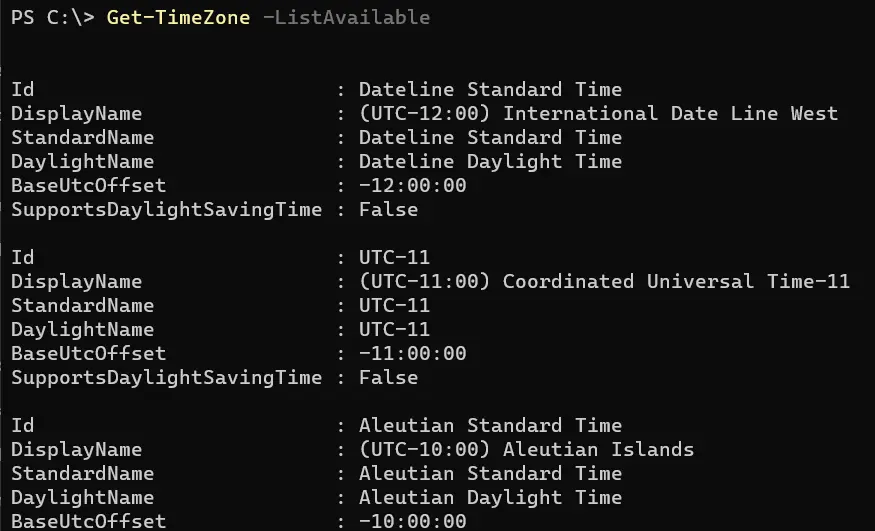 definir fuso horário usando powershell - saída 2