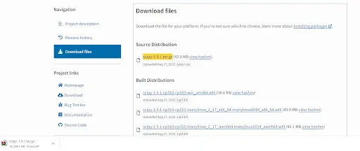 Enlace de instalación de SciPy