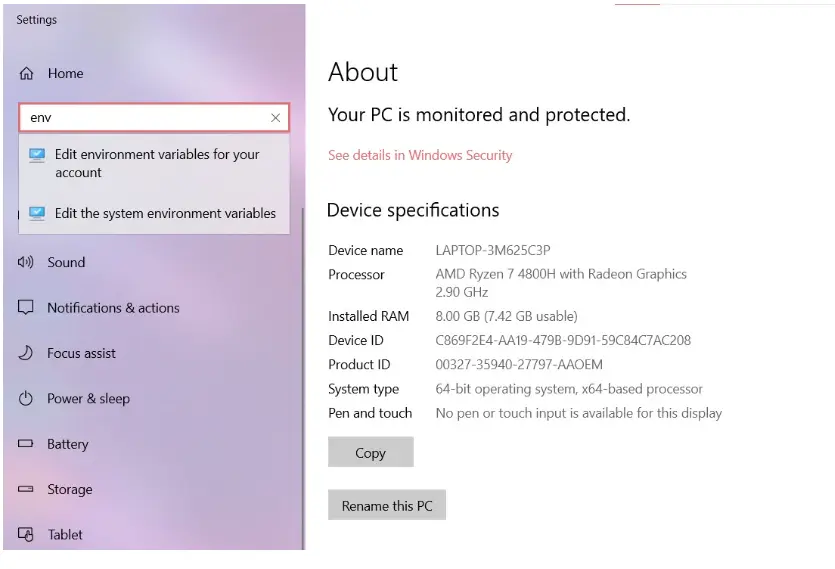 Searching environment variable in windows setting